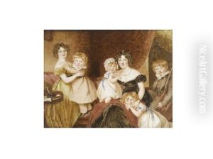 A Lady, Wearing Black Decollete Dress And Seated With Her Three Daughters And Two Sons In An Interior: The Eldest Daughter, Wearing Gold Dress And Black Sash To Her Waist; Her Younger Daughters by Simon Jacques Rochard