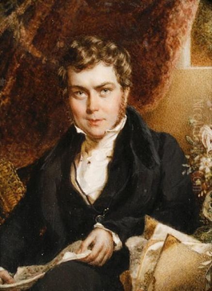 A Gentleman, Seated Before Dark Brown Drapery, Wearing, Black Coat And Waistcoat, White Chemise, A Monocle On A Black Cord Suspended From His Neck, He Holds An Unframed Watercolor In His Hands - view 1