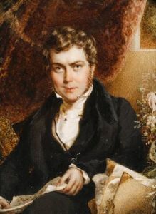 A Gentleman, Seated Before Dark Brown Drapery, Wearing, Black Coat And Waistcoat, White Chemise, A Monocle On A Black Cord Suspended From His Neck, He Holds An Unframed Watercolor In His Hands