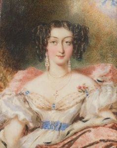 A Lady, Seated In A Chair Covered With A Pink Throw, Wearing White Dress With Puff Sleeves, Blue Sash With Diamond Buckle In The Form Of A B