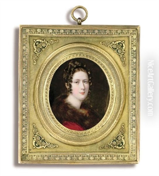 Hannah Rochard ( Nee Stanley), The Artist's Wife, In Red Coat With Fur Trim, Black Ribbon In Her Dark Upswept Hair Dressed In Ringlets - view 1