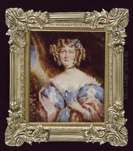 A Young Lady, Wearing Pale Blue Dress Trimmed With Rubies And Pearls, The Sleeves Slashed To Reveal White, A Pink Shawl Over Her Arms, Black Ribbon Choker With Gold Clasp, Drop Pearl Earrings