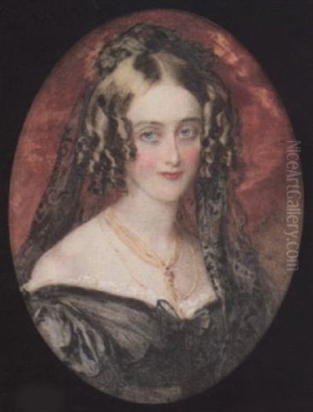A Lady Wearing Decollete Black Dress With Bow At Her Corsage And White Underslip, Gold Necklaces And Black Lace Veil In Her Ringletted Hair - view 1