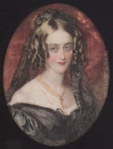 A Lady Wearing Decollete Black Dress With Bow At Her Corsage And White Underslip, Gold Necklaces And Black Lace Veil In Her Ringletted Hair