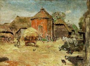 Sundrenched Barnyard Scene With A Figure By A Cart, Mule And Chickens by Alexander Ignatius Roche