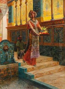 A Middle Eastern Princess Descending A Staircase With Attendant