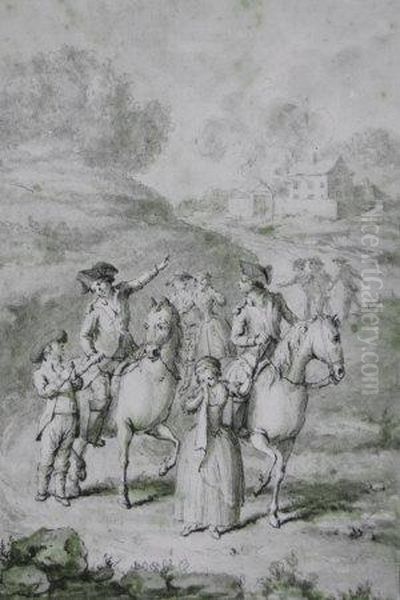 Officers On Horseback And Figures Fleeing A Burning House - view 1
