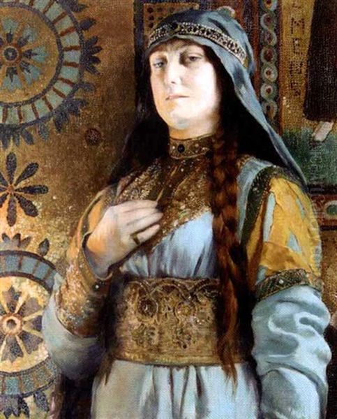 Femme Au Voile Bleu Devant Les Mosaiques - view 1