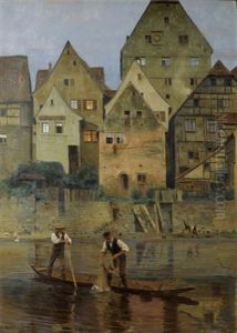 Stadtansicht Mit Fischern Im Fluss Stadtansicht Mit Fischern Im Fluss