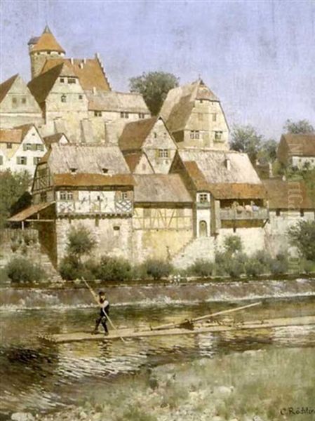 Mittelalterliches Stadtchen An Fluss Mit Stauwehr Und Holzflosser - view 1