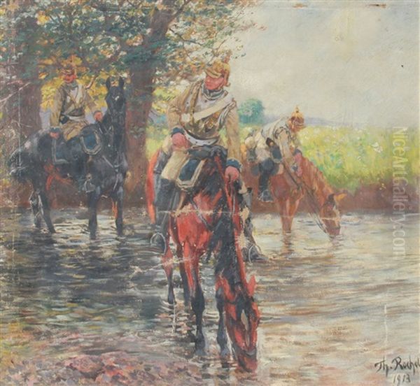 Soldiers On Horseback Crossing A Stream - view 1