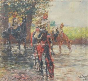 Soldiers On Horseback Crossing A Stream