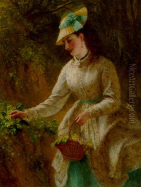 An Elegant Lady Picking Primulas - view 1