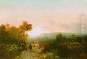 Travellers Resting In A Hilly Landscape by Charles Rochussen