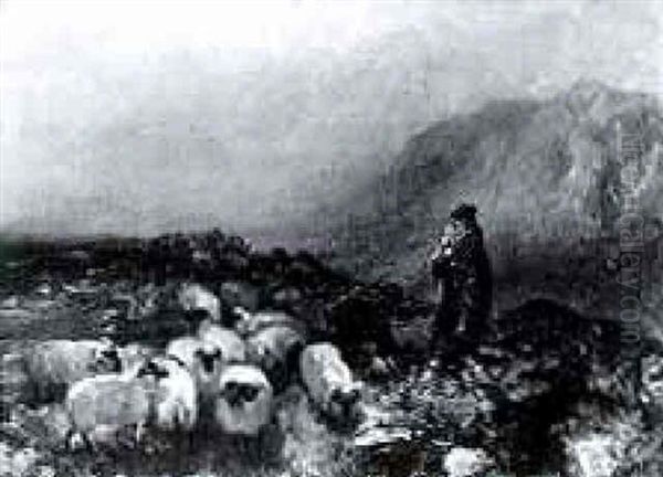 A Sheperd And Flock In The Scottish Highlands - view 1