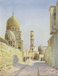 Belebte Strase In Kairo Mit Ibn-tulun-moschee by Gustav Rockholtz