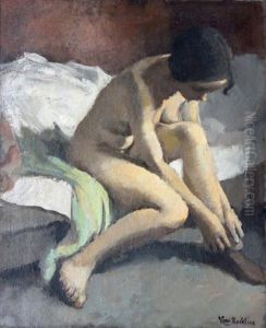 Jeune Femme Enfilant Un Bas Assise Sur Un Lit by Vera Rockline