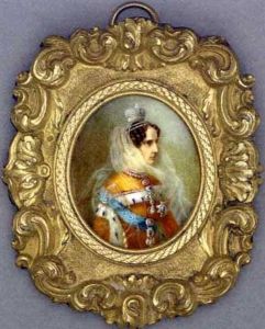 Empress Alexandra Fyodorovna Of Russia, In Jewel-encrusted Orange Dress With Red Collar Adorned With Pearls, Red-bordered White Ermine Trimmed Scarf Draped Over Her Bodice, Floating Gauze Veil by Alois Gustav Rockstuhl
