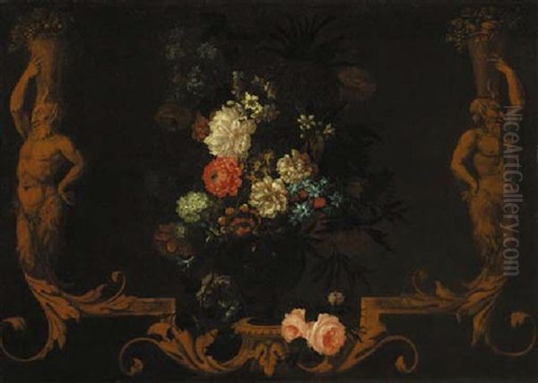 Carnations, Roses, Daffodils And Other Flowers In A Vase Within A Sculptured Frame - view 1