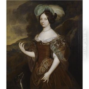 A Portrait Of A Lady, Wearing An Elegant Brown Dress, Pearl Jewellery And A Green And White Feathered Headdress, Next To A Dog