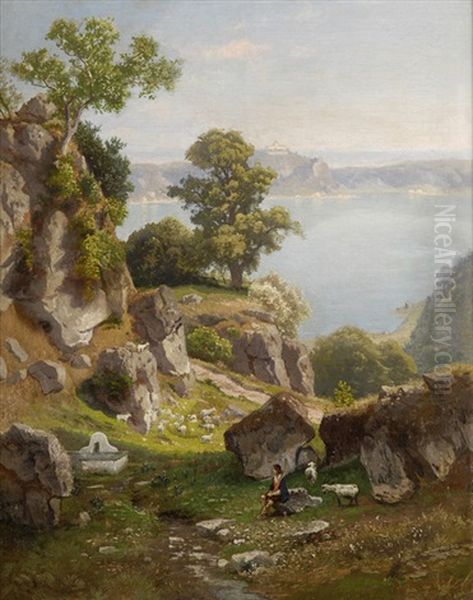Italienische Seenlandschaft Mit Blick Auf Ein Kastell - view 1