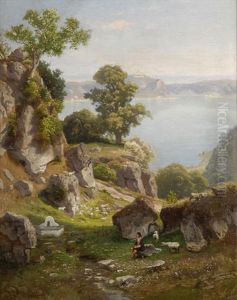 Italienische Seenlandschaft Mit Blick Auf Ein Kastell thumbnail