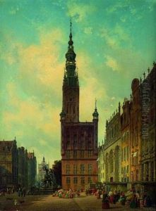 Gotisches Rathaus Und Vorderer Teil Des Langen Marktes In Danzig