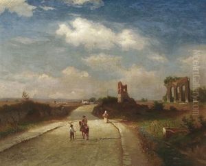 Reisende Auf Feldweg In Weiter Campagnalandschaft Reisende Auf Feldweg In Weiter Campagnalandschaft