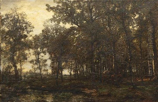 Sommerliche Waldlandschaft In Der Morgendammerung, Am Ufer Eines Bachlaufs Beladenes Pferdefuhrwerk - view 1