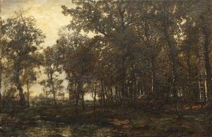Sommerliche Waldlandschaft In Der Morgendammerung, Am Ufer Eines Bachlaufs Beladenes Pferdefuhrwerk by Carl Rodeck