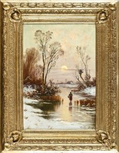 Winterlandschaft Am Abend Mit Bauerin, Die Uber Den Zugefrorenen See Dem Hof Entgegen Geht by Carl Rodeck