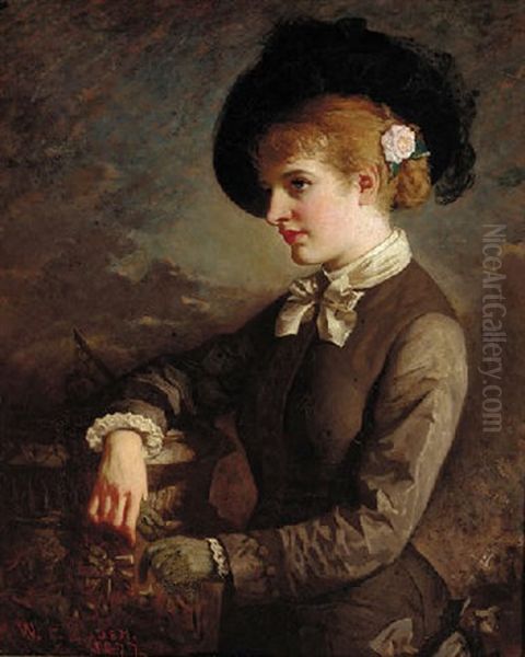 Portrait Of A Lady By A Sundial, Wearing A Hat With A Rose In Her Hair - view 1