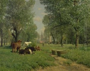 Wiese Mit Kuhen Und Einer Kirche Im Hintergrund