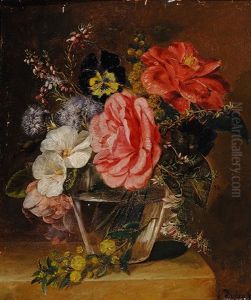Flowers In Glass Vase On A Plinth by Elselina Agenita Cornelia Roeder