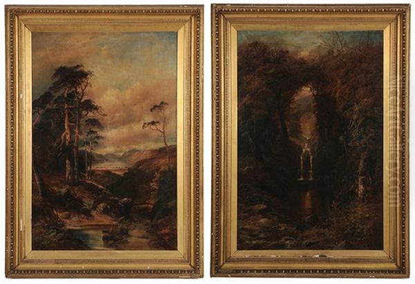 Mountan Stream With Distant Pond; A Waterfall (pair) - view 1