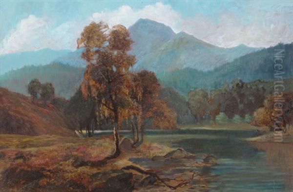 Scottish Loch At Dusk, An Autumn Landscape With Mountains In The Background - view 1