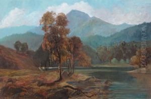 Scottish Loch At Dusk, An Autumn Landscape With Mountains In The Background by Clarence Roe
