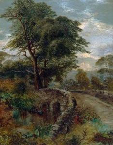 A Highland Glen With Figure Crossing A Bridge A Highland Glen With Figure Crossing A Bridge