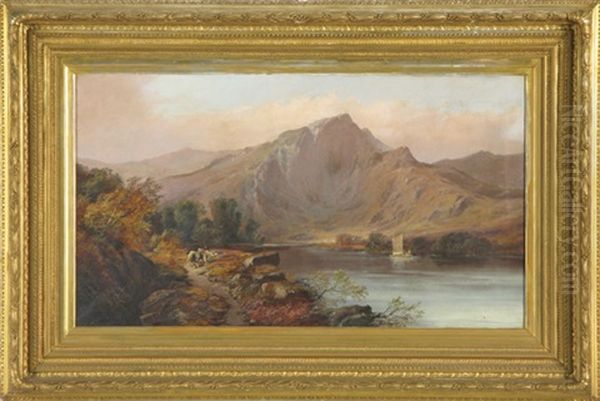 Highland Mountain Landscape With Shepherd And Cattle On Footpath, Sailboat On Lake - view 1
