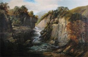 A Waterfall In A Rocky Gorge by Clarence Roe