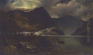 Stags Watering By A Moonlit Loch
