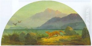 A Fox Chasing Mallards At The Edge Of A Lake by Robert Henry Roe