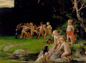 Badende Born I Leg Med Havfruepiger Og Satyrborn by Ernst Roeber