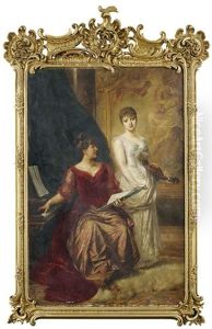 Pianistin Und Violinvirtuosin Im Eleganten Saloninterieur Vor Einem Konzert by Fritz Roeber
