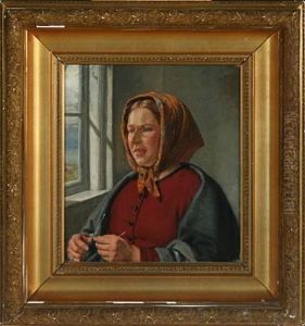 Portrait Of A Young Woman Knitting With Daylight From The Window by Jorgen Roed