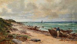 Nordsjaellandsk Kystparti Med Optrukne Bade Pa Stranden by Jorgen Roed