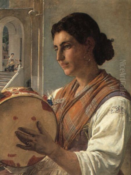 Ung Italiensk Kvinde Med Tamburin, I Baggrunden Legende Born - view 1