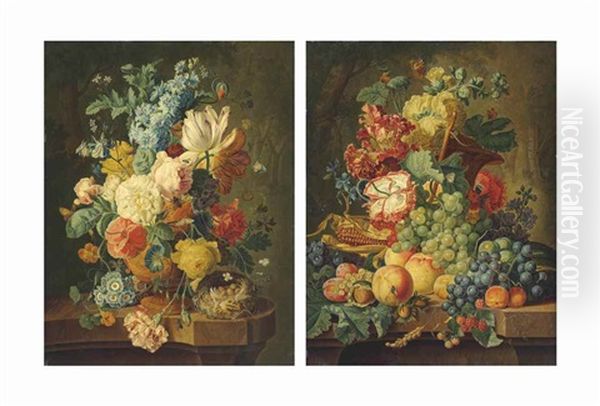 Tulips, Poppies, Carnations And Other Flowers In A Vase With A Bird's Nest On A Marble Ledge; And Grapes, Corn On The Cob, Peaches, Plums, Raspberries And Mixed Flowers On A Marble Ledge - view 1