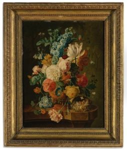A Still Life With Carnations, Primula, Grapes, Peaches, Plums, Raspberries, Apricots, Maize, Walnuts And Hazelnuts Before An Urn On A Stone Ledge (+ A Still Life With Roses...; 2 Works After Paul Theodor Van Brussel)