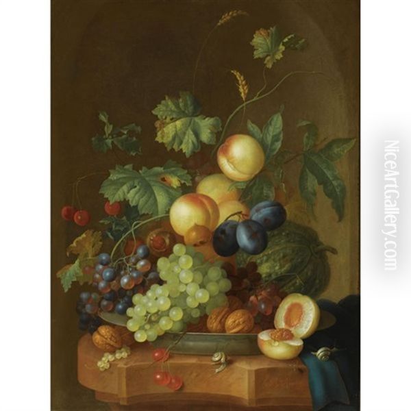 A Still Life With Peaches, Grapes, Plums, A Melon, Cherries, Walnuts, Chestnuts On A Wan-li Porcelain Plate, Together With Two Snails On A Marble Ledge, Draped With A Blue Cloth - view 1